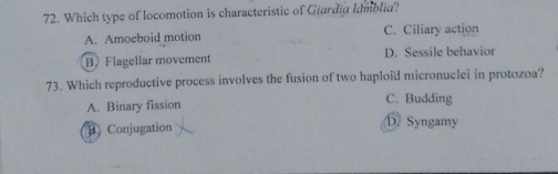 Which type of locomotion is characteristic of Giardia Iamblia?
A. Amoeboid motion C. Ciliary action
B. Flagellar movement D. Sessile behavior
73. Which reproductive process involves the fusion of two haploïd micronuclei in protozoa?
A. Binary fission C. Budding
B Conjugation D. Syngamy