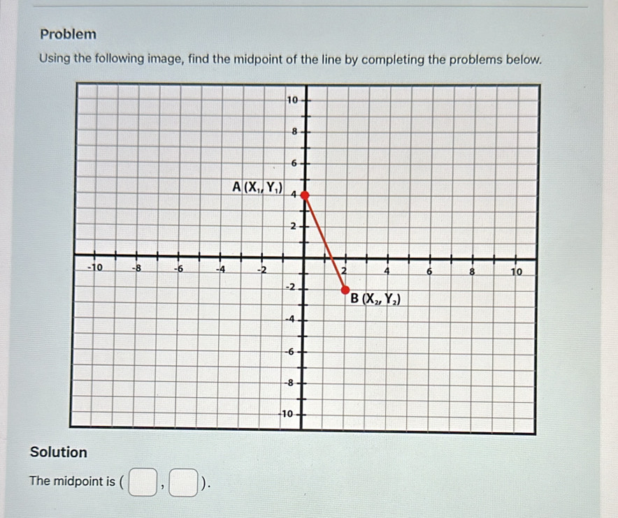 Problem
Using the following image, find the midpoint of the line by completing the problems below.
Solution
The midpoint is (□ ,□ ).