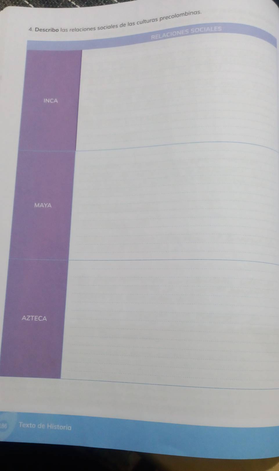 Describo las relaciones sociales de las culturas precolombinas.
RELACIONES SOCIALES
INCA
MAYA
AZTECA
Texto de Historia