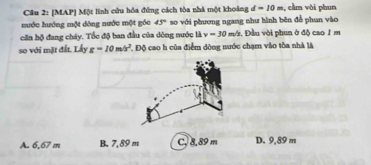 [MAP] Một linh cửu hỏa đứng cách tòa nhà một khoảng d=10m , cầm vôi phun
hước hướng một dòng nước một góc 45° so với phương ngang như hình bên đề phun vào
căn hộ đang cháy. Tốc độ ban đầu của dòng nước là v=30m/s. Đầu vòi phun ở độ cao 1 m
so với mặt đất. Lấy g=10m/s^2 T Độ cao h của điểm dòng nước chạm vào tòa nhà là
A. 6,67 m B. 7, 89 m C. 8,89 m D. 9,89 m