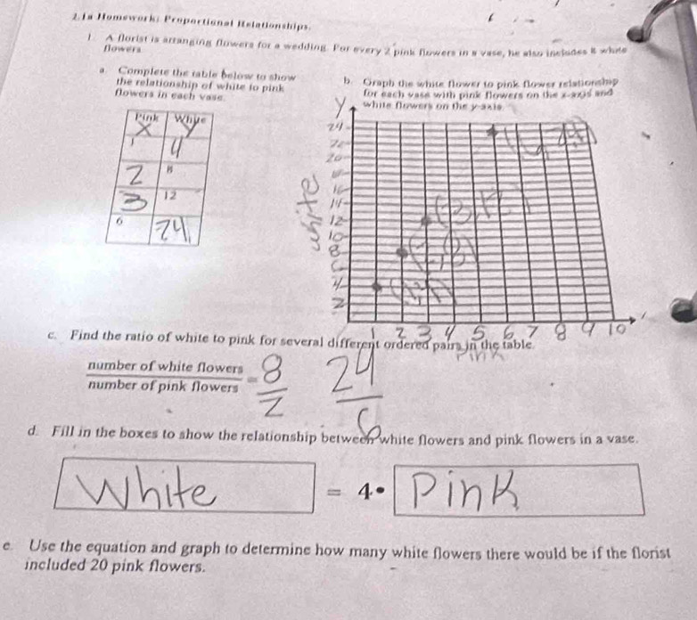 1a Homework: Proportional Relationships. 
1. A florist is arranging flowers for a wedding. For every 2 pink flowers in a vase, he also includes it while 
flowers 
a. Complete the table below to show b. Graph the white flower to pink flower relationship 
the relationship of white to pink 
flowers in each vase. 
c. Find the ratio of white to pink for s
 numberofwhiteflowers/numberofpinkflowers 
d. Fill in the boxes to show the relationship between white flowers and pink flowers in a vase.
=4· |
e. Use the equation and graph to determine how many white flowers there would be if the florist 
included 20 pink flowers.