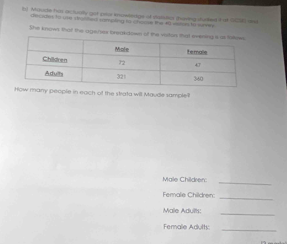 Maude has actually got prior knowledge of statistics (having studied it at GCS) and 
decides to use stratified sampling to choose the 40 visitors to survey. 
She knows that the age/sex breakdown of the 
many people in each of the strata will Maude sample? 
Male Children:_ 
Female Children:_ 
Male Adults: 
_ 
Female Adults:_