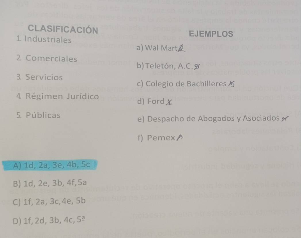 CLASIfICaCIóN
EJEMPLOS
1 Industriales
a) Wal Mart 2.
2 Comerciales
b)Teletón, A.C. S
3. Servicios
c) Colegio de Bachilleres
4. Régimen Jurídico
d) Ford X
5. Públicas
e) Despacho de Abogados y Asociados 
f) Pemex
A) 1d, 2a, 3e, 4b, 5c
B) 1d, 2e, 3b, 4f, 5a
C) 1f, 2a, 3c, 4e, 5b
D) 1f, 2d, 3b, 4c, 5ª