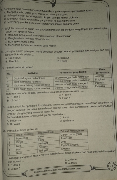 Berikut ini yang bukan merupakan fungsi hidung dalam proses pernapasan adalah ....
A. Mengatur suhu udara yang masuk ke dalam paru-paru
B, Sebagai tempat pertukaran gas oksigen dan gas karbon dioksida
C. Mengatur kelembapan udara yang masuk ke dalam paru-paru
D. Menyaring partikel debu atau kotoran yang masuk bersama udara
22. Epiglotis merupakan katup tulang rawan berbentuk seperti daun yang dilapisi oleh sel-sel epitel.
Fungsi dari epiglotis adalah .
A. Menutup laring sewaktu menelan makanan atau minuman
B. Menghasilkan berbagai macam bunyi
C. Ruang resonansi udara
D. Menyaring benda-benda asing yang masuk
23. Jaringan dalam paru-paru yang berfungsi sebagai tempat pertukaran gas oksigen dan gas
karbon dioksida adalah ....
A. Bronkiolus C. Bronkus
B. Alveolus D. Laring
hatikan tabel berikut!
Berdasarkan tabel di atas, pernyataan yang benar C. 1 dan 4
A. 1 dan 2
B. 2 dan 3 D. 2 dan 4
25. Sudah 2 hari Ani opname di Rumah sakit, karena mengalami gangguan pernafasan yang ditandai
dengan kesulitan bernafas dan nafasnya disertai bunyi. Hasil pemeriksaan dokter menunjukkan
terdapat alergen yang masuk ke tubuh Ani.
Berdasarkan kasus tersebut diduga Ani menderita ....
A. Influenza C. Asma
D. Emfisema
B. Bronkitis
Pasangan yang tepatkresi ditunjukkan
oleh nomor .... C. 2 dan 4
A. 1 dan 4 D. 4 dan 5
B. 3 dan 5 73
Panduan Asesmen IPA Kelas VIII Semester Gasal