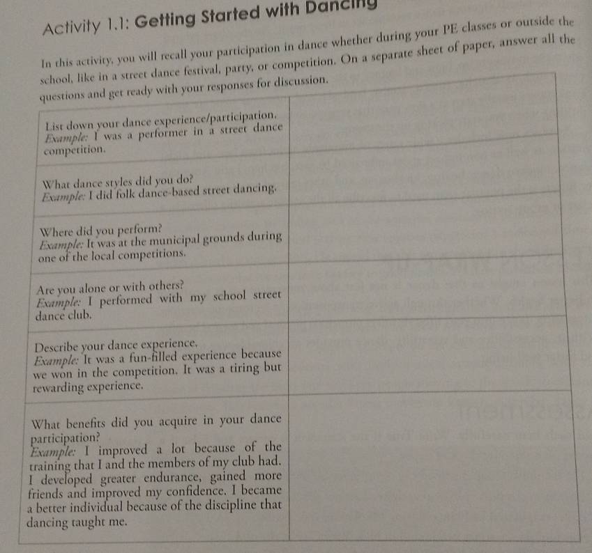 Activity 1.1: Getting Started with Dancify 
n this activity, you will recall your participation in dance whether during your PE classes or outside the 
etition. On a separate sheet of paper, answer all the