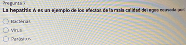 Pregunta 7
La hepatitis A es un ejemplo de los efectos de la mala calidad del agua causada por:
Bacterias
Virus
Parásitos