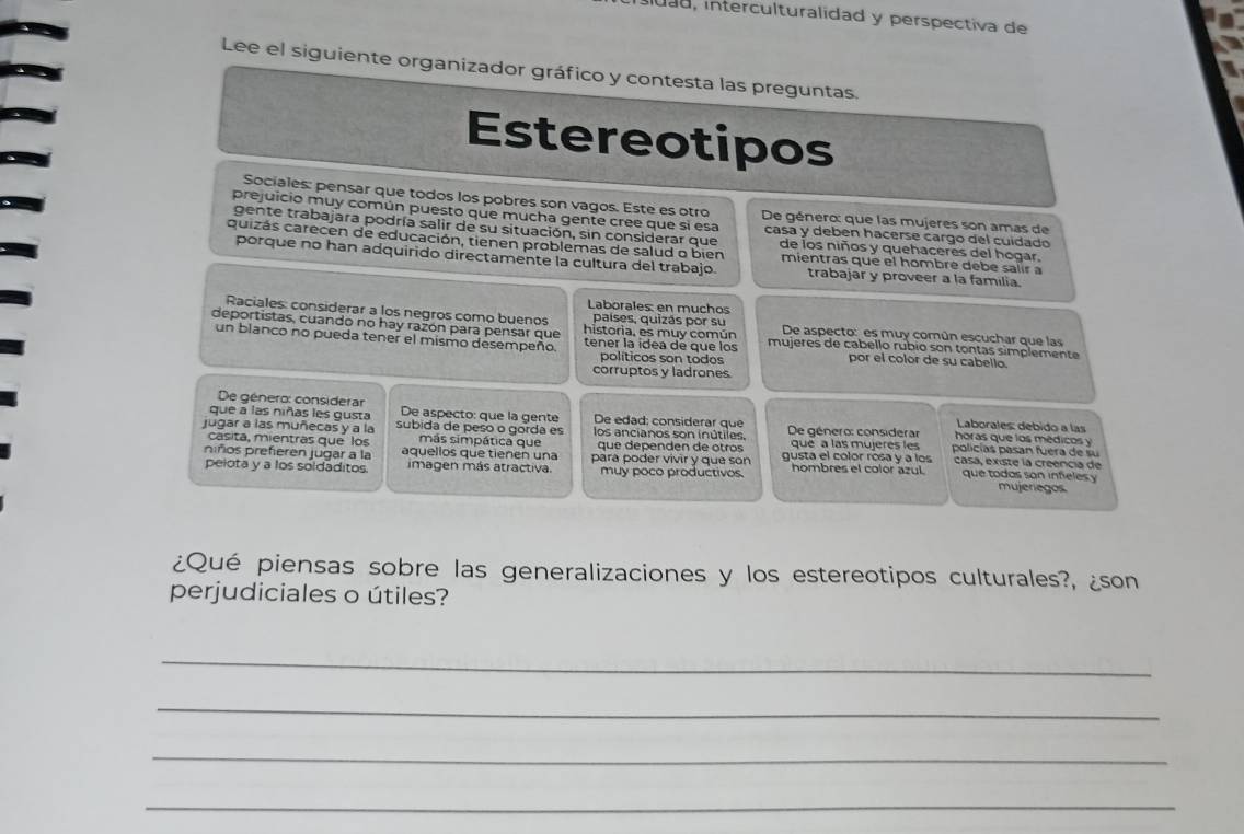 sluad, interculturalidad y perspectiva de
Lee el siguiente organizador gráfico y contesta las preguntas.
Estereotipos
Sociales: pensar que todos los pobres son vagos. Este es otro De género: que las mujeres son amas de
prejuicio muy común puesto que mucha gente cree que sì esa casa y deben hacerse cargo del cuidado
gente trabajara podría salir de su situación, sin considerar que de los niños y quehaceres del hogar.
quizás carecen de educación, tienen problemas de salud o bien mientras que el hombré debé salír a
porque no han adquirido directamente la cultura del trabajo. trabajar y proveer a la familia.
Laborales: en muchos
Raciales: considerar a los negros como buenos países, quizás por su De aspecto: es muy común escuchar que las
deportistas, cuando no hay razón para pensar que historia, es muy común mujeres de cabello rúbió son tontas simplemente
un blanco no pueda tener el mismo desempeño. tener la idea de que los por el color de su cabello.
políticos son todos
corruptos y ladrones
De género: considerar Laborales: debido a las
que a las niñas les gusta De aspecto: que la gente De edad; considerar que  horas qu e  los médic o     
jugar a las muñecas y a la subida de peso o gorda es los ancianos son inútiles.  De género: considerar policías pasan fuera de su
casita, mientras que los más simpática que que dependen de otros que  a las mujeres les 
niños prefieren jugar a la aquellos que tienen una para poder vivir y que son gusta el color rosa y a los casa, existe la creencia de
pelota y a los soldaditos. imagen más atractiva. muy poco productivos. hombres el color azul.  que to das s on  inf e   mujeregos
¿Qué piensas sobre las generalizaciones y los estereotipos culturales?, ¿son
perjudiciales o útiles?
_
_
_
_