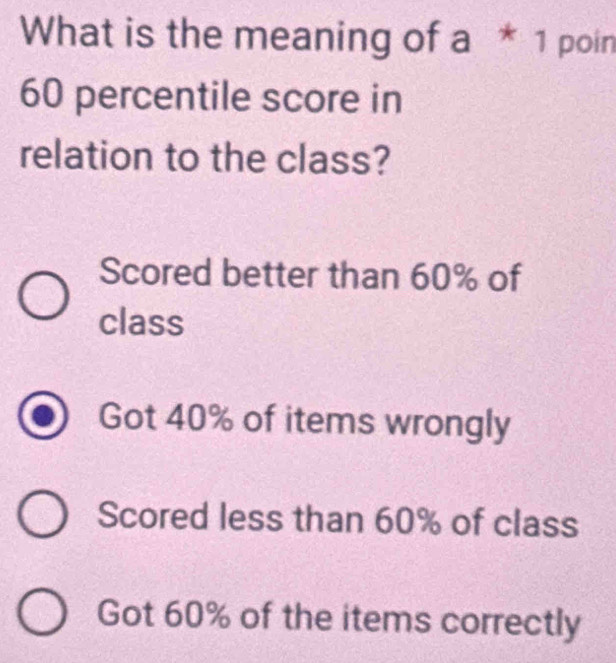 What is the meaning of a * 1 poin
60 percentile score in
relation to the class?
Scored better than 60% of
class
Got 40% of items wrongly
Scored less than 60% of class
Got 60% of the items correctly