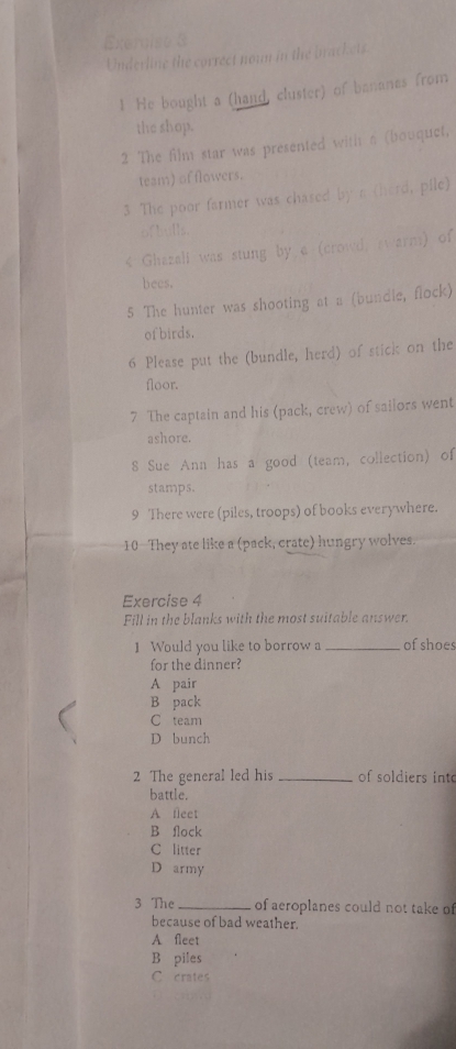 Exervist 3
Underline the correct nown in the brackets.
1 He bought a (hand, cluster) of bananes from
the shop.
2 The film star was presented with a (bouquct,
team) of flowers.
3 The poor farmer was chased by a (herd, pile)
ofbulls.
< Ghazali was stung by a (crowd, swarm) of
bees.
5 The hunter was shooting at a (bundle, flock)
of birds.
6 Please put the (bundle, herd) of stick on the
floor.
7 The captain and his (pack, crew) of sailors went
ashore.
8 Sue Ann has a good (team, collection) of
stamps.
9 There were (piles, troops) of books everywhere.
10-They ate like a (pack, crate) hungry wolves.
Exercise 4
Fill in the blanks with the most suitable answer.
1 Would you like to borrow a _ofshoes
for the dinner?
 A pair
B pack
C team
D bunch
2 The general led his_ of soldiers int
battle.
A fleet
B flock
C litter
D army
3 The _of aeroplanes could not take of
because of bad weather.
A fleet
B piles
C crates