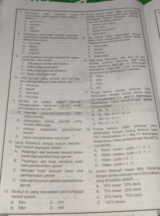 yang berfungs untulk 14 Bunga warna merah (MM) disilangkan
7. Kromosom menentukan jenis kelamin suatu individu dengan bunga wara puth (mm) bersita 2
disebut
intermedist Warna keturunan perlama
A. gonosom
B. autosom A. merah muda 100% yang akan dihasilkan adalan
C. alel B. putih 100%
D. haploid C. merah muda 50%
D. putih 50%
8. Kromosom yang tidak memiliki pasangan
disebut kromosom atau hanya memiliki seperangkat kromosom 15. Jika kelinci hitam disilangkan dengan
kelinci puth menghasiikan kelinci kelabu
A. homolog
maka keturunan tersebut bersifat
B. diploid. A. intermediet
C. haploid B. resesif
D. poliploid. C. dominan
9. yang dimaksud dengan parental (P) dalam
D. heterozigot
pewarisan sifat adalah .... 16. Sifat bulat ditentukan oleh gen (B) dan
A. Sel kelamin jantan atau betina bersifat dominan terhadap sifat kisu 
yang ditentukan oleh gen (b). Bila terian.
B. Induk yang disilangkan , persentase
C. Keturunan generasi pertama
perkawinan antara BB>
D. Varian dari suatu gen
munculnya biji kisut pada F2 sebesar ....
A. 100%
10. Sifat turunan yang tampak dari luar dan
bisa diamati dengan mata adalah sifat B. 25%
A. Dominan
C. 75%
B. esesif
D. 0%
C. Genatipe
17. Bunga wama cokelat dominan (RR)
D. Fenotipe
disilangkan dengan bunga wara putih 
(rr) menghasilkan F1. Jīka F1 disilangkan
11. Berikut ini adalah alasan Mendel
sesamanya, maka perbandingan genotif
menggunakan tanaman ercis untuk
F2-nya adalah
percobaannya, kecuali .... A. RR:Rr:π =1:2:1
A. memiliki pasangan-pasangan sifat B. Rr:RR:π =1:2:2
yang kontras
B. merupakan bahan sayuran yang C. RR:π =3:1.
mudah ditemukan
D. Rr:rr=1:3
C. mampu melakukan penyerbukan 18. Kucing berbulu hitam dominan (HH)
sendiri
disilangkan dengan kucing berbulu puth
D. cepat menghasilkan keturunan (hh) menghasilkan F1. Jika F1 disilangkan
12. yang dimaksud dengan hukum Mendel I
sesamanya, maka perbandingan fenotif F2.
atau hukum segregasi adalah ....
nya adalah .... =1:2:1
A. Hitam : kelabu : putih
A. Pasangan alel berpisah secara bebas
pada saat pembentukan gamet
B. Hitam : kelabu : putih =2:1:1
B. Pasangan alel tetap bersama pada C. Hitam : putih =3:1
saat pembentukan gamet
D. Hitam : putih =1:3
C. Alel-alel tidak terpisah pada saat 19. Jambu berbuah besar (Bb) disilang
pembentukan gamet
dengan jambu berbuah kecil (bb) keturu
D. Alel-alel berpisah setelah pembentukan yang dihasilkan adalah ....
gamet A. 50% besar : 50% kecil.
13. Berikut ini yang merupakan alel homozigot B. 75% besar : 25% kecil.
resesif adalah ...
C. 25% besar : 75% kecil.
A. Mm C. mm D. 100% besar.
B. MM D.mM