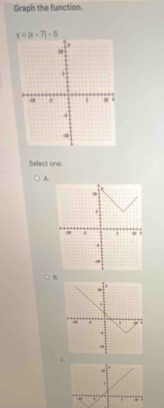 Graph the function.
y=|x-7|-5
Select one: 
A. 
B. 
C.