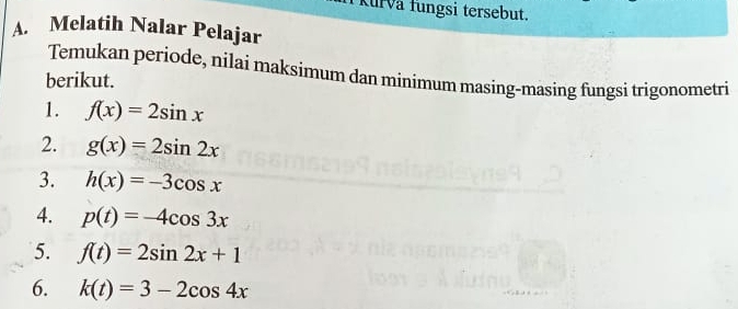 Kurva fungsi tersebut. 
A. Melatih Nalar Pelajar 
Temukan periode, nilai maksimum dan minimum masing-masing fungsi trigonometri 
berikut. 
1. f(x)=2sin x
2. g(x)=2sin 2x
3. h(x)=-3cos x
4. p(t)=-4cos 3x
5. f(t)=2sin 2x+1
6. k(t)=3-2cos 4x