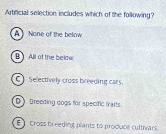 Artificial selection includes which of the following?
A None of the below
B ) All of the below.
C Selectively cross breeding cats.
D Breeding dogs for specific traits
E) Cross breeding plants to produce cultivars.