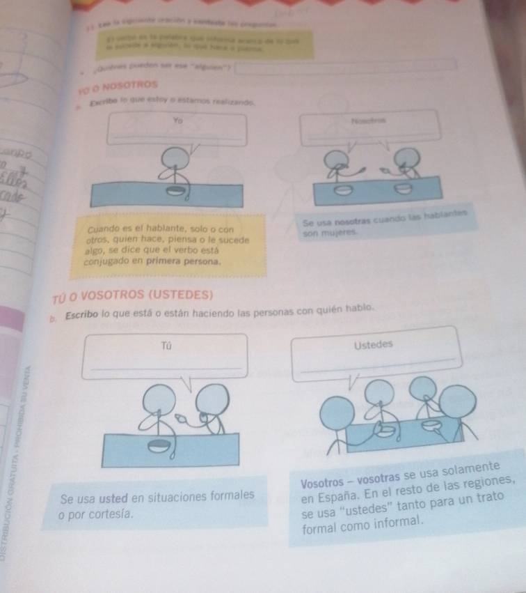 Rae lA srgcionióe ceación y eseefate tue creganian 
E certó en la peñatra que cnfuina acanca de la qe 
¿Quiènes puéden ser ese "alguien"? 
_ 
YØ Ó NOSOTROS 
_ Excribe lo que estoy o estamos realizando. 
Yo Nonctron 
_ 
_ 
Se usa nosotras cuando las hablantes 
Cuando es el hablante, solo o con 
son mujeres. 
otros, quien hace, piensa o le sucede 
algo, se dice que el verbo está 
conjugado en primera persona. 
TÚ O VOSOTROS (USTEDES) 
Escribo lo que está o están haciendo las personas con quién hablo. 
Tú Ustedes 
_ 
_ 

Vosotros - vosotras se usa solamente 
Se usa usted en situaciones formales en España. En el resto de las regiones, 
o por cortesía. 
se usa “ustedes” tanto para un trato 
formal como informal.