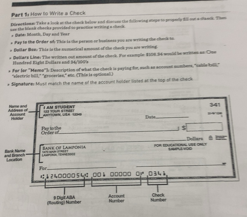 Solved: How to Write a Check Directions: Take a look at the check below ...