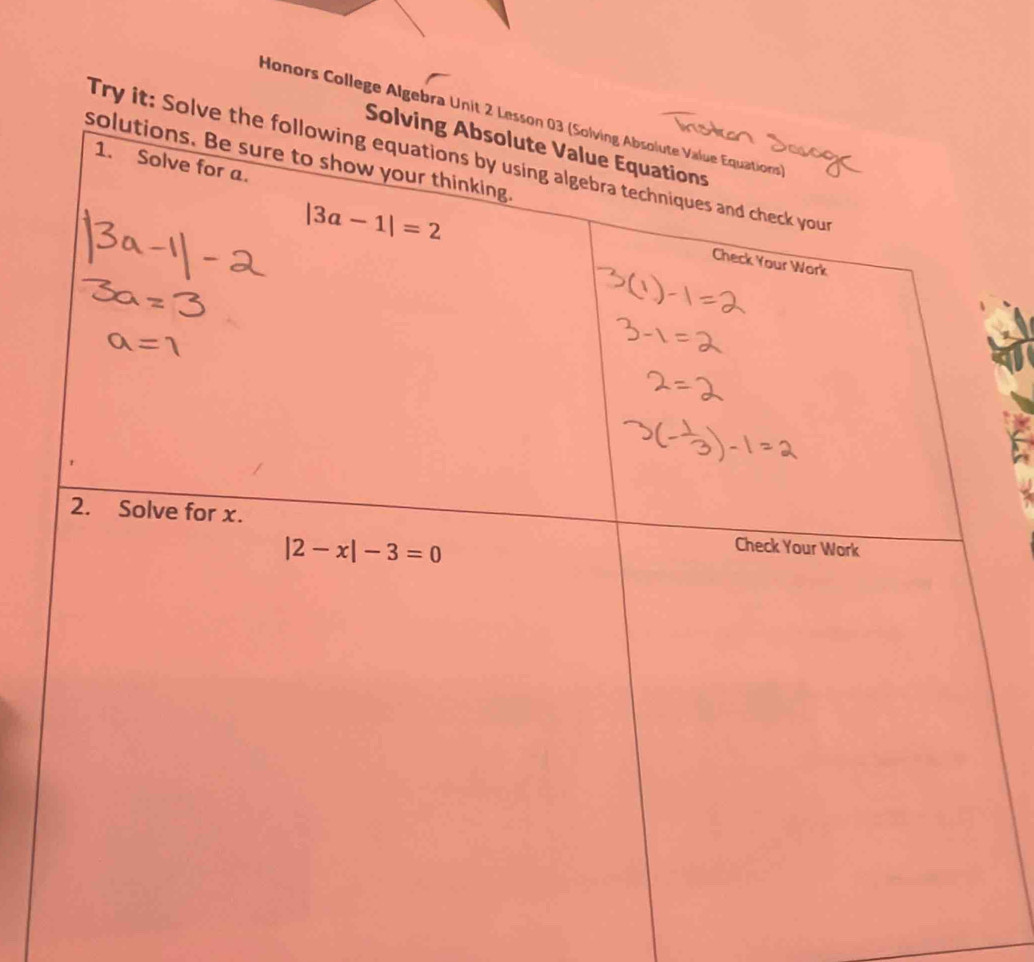 Honors College Algebra Unit 2
Try it: Solv