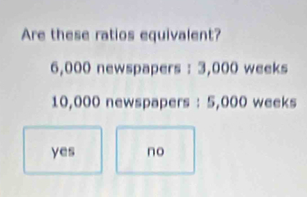 Are these ratios equivalent?
6,000 newspapers : 3,000 weeks
10,000 newspapers : 5,000 weeks
yes no