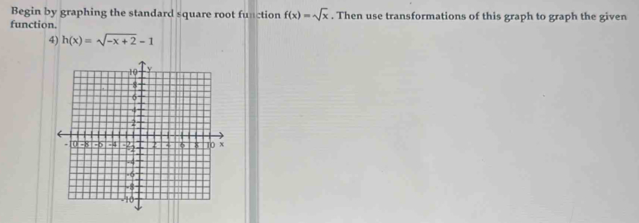 Begin by graphing the standard square root function f(x)=sqrt(x). Then use transformations of this graph to graph the given 
function. 
4) h(x)=sqrt(-x+2)-1