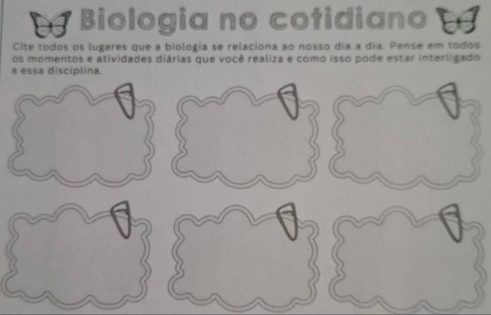 Biologia no cotidiano 
Cite todos os lugares que a biologia se relaciona ao nosso dia a día. Pense em todos 
os momentos e atividades diárias que você realiza e como isso pode estar interligado 
a essa disciplina.