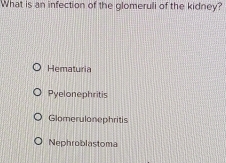 What is an infection of the glomeruli of the kidney?
Hematuria
Pyelonephritis
Glomerulonephritis
Nephroblastoma