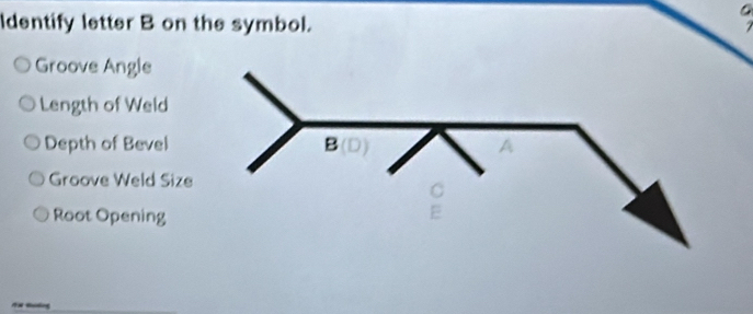 ldentify letter B on the symbol.
Groove Angle
Length of Weld
Depth of Bevel
Groove Weld Size
Root Opening
A # tuding