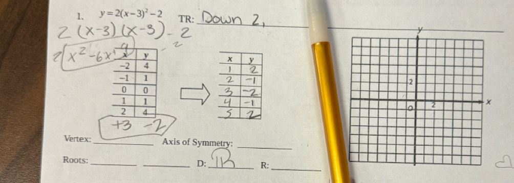 y=2(x-3)^2-2 TR: 
Vertex:_ Axis of Symmetry:_ 
_ 
Roots: __D;_ R: