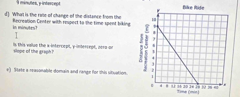 9 minutes, y-intercept 
d) What is the rate of change of the distance from the 
Recreation Center with respect to the time spent biking 
in minutes? 
Is this value the x-intercept, y-intercept, zero or 
slope of the graph? 
e) State a reasonable domain and range for this situation. 
(min)