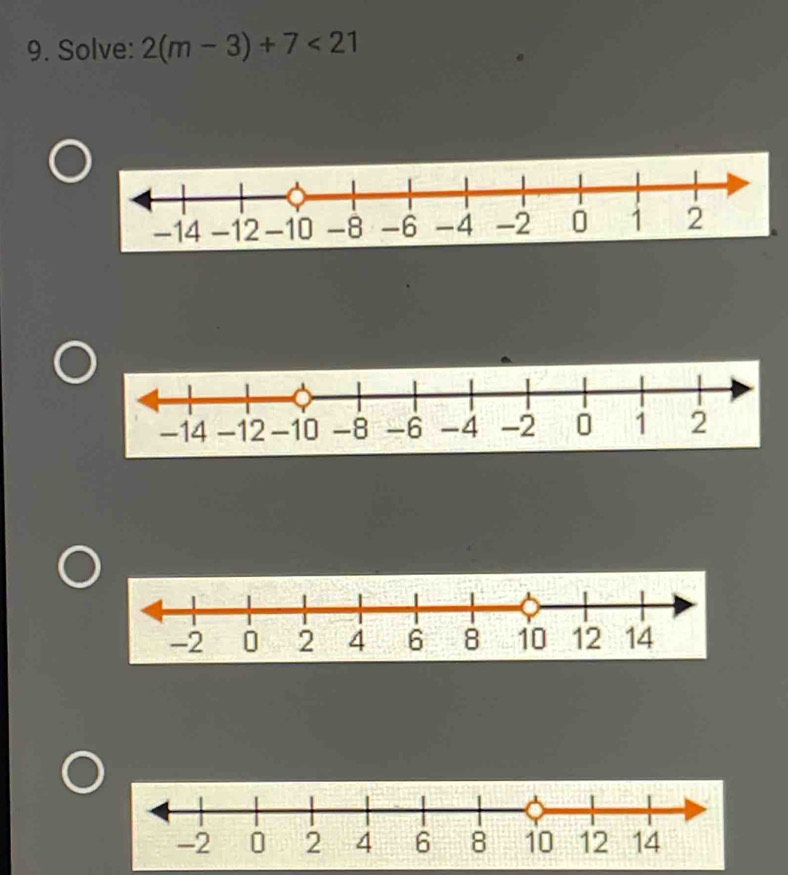 Solve: 2(m-3)+7<21</tex>