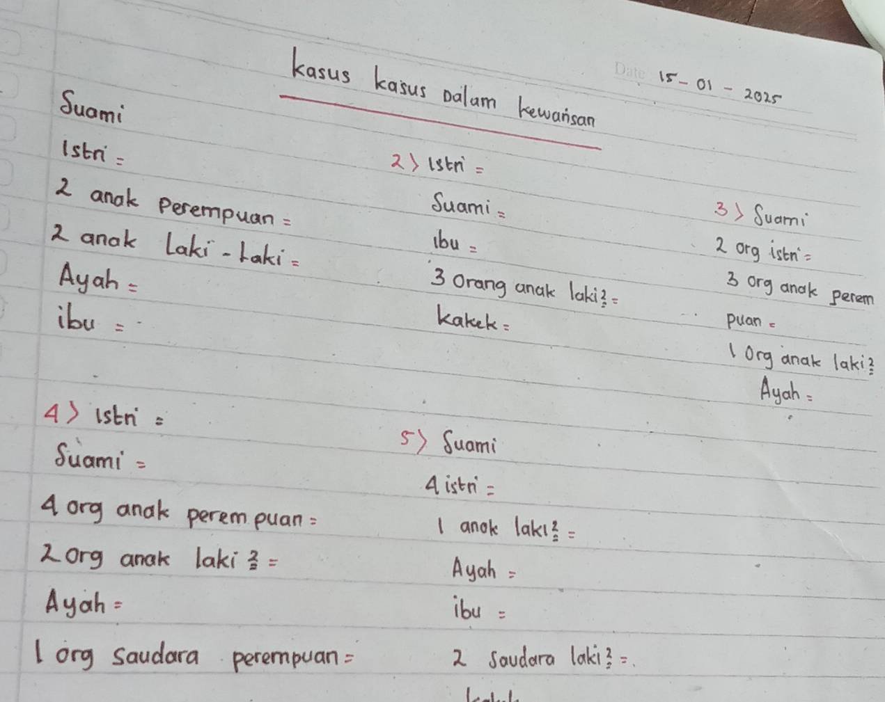 kasus kasus palam kewarsan 
15-01 - 2025 
Suami
Istn =
_ 
2) 15tn=
Suami=
3) Suami
lbu=
2 anak perempuan : 3 org anak perem 
2 org istn'=
2 anak Laki-Laki= 3 orang anak laki? =
Ayah =
kakek: 
ibu : puan c 
long anak laki? 
Ayah : 
A) lstn =
Suami =
5) Suami 
A istn= 
4 org anak perem puan: 
I ano |ak|^2_1=
Zorg anak laki  2/2 = Ayah :
Ayah = ibu = 
Long saudara perempuan : 2 Saudara laki  2/2 =
L1L