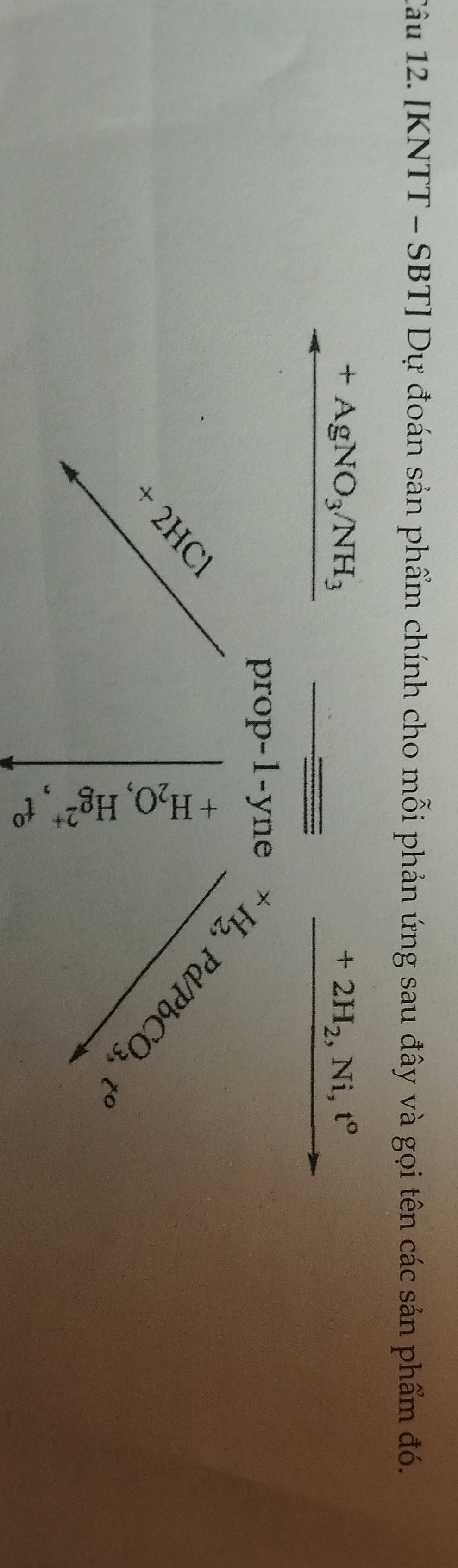 [KNTT - SBT] Dự đoán sản phẩm chính cho mỗi phản ứng sau đây và gọi tên các sản phẩm đó.
+AgNO_3/NH_3
+2H_2, Ni, t°
prop-1-yne +H_2,
+2HCl
Pd/PbCO_3, t^o