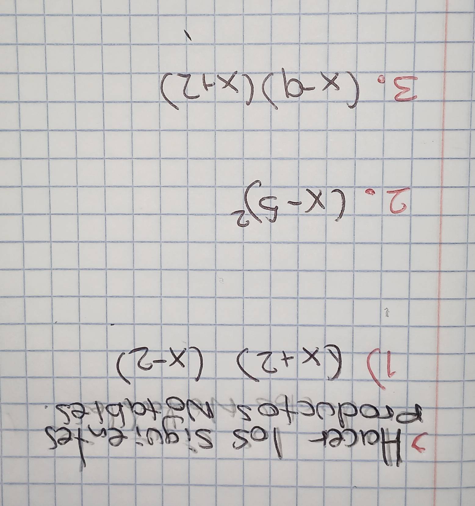 ? Hacer los siguientes 
Productos Notables.
(x+2)(x-2)
2. (x-5)^2
B. (x-9)(x+2)