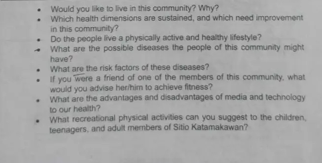 Would you like to live in this community? Why? 
Which health dimensions are sustained, and which need improvement 
in this community? 
Do the people live a physically active and healthy lifestyle? 
What are the possible diseases the people of this community might 
have? 
What are the risk factors of these diseases? 
If you were a friend of one of the members of this community, what 
would you advise her/him to achieve fitness? 
What are the advantages and disadvantages of media and technology 
to our health? 
What recreational physical activities can you suggest to the children, 
teenagers, and adult members of Sitio Katamakawan?