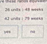 re these ratios equivaler
26 units : 48 weeks
42 units : 79 weeks
yes no