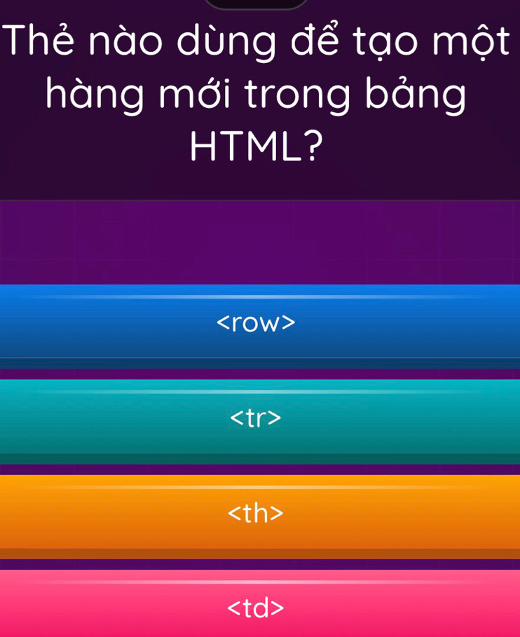 Thẻ nào dùng để tạo một 
hàng mới trong bảng 
HTML?