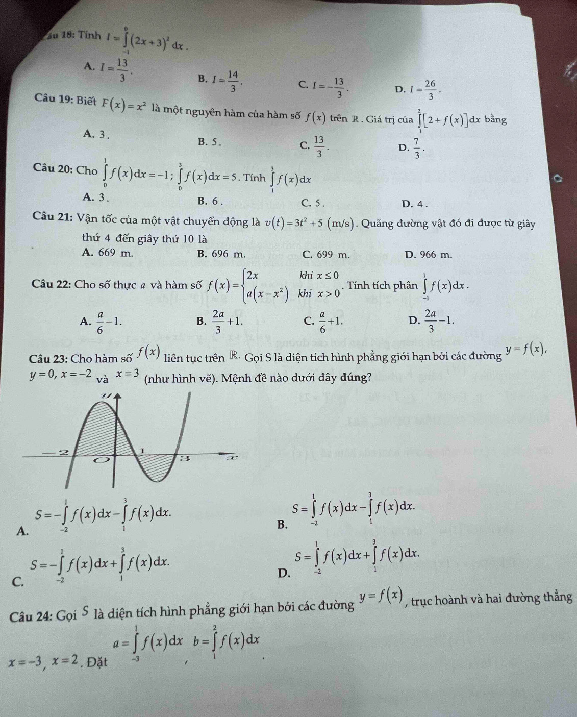 au 18: Tính I=∈tlimits^0(2x+3)^2dx.
A. I= 13/3 . B. I= 14/3 . C. I=- 13/3 . D. I= 26/3 .
Câu 19: Biết F(x)=x^2 là một nguyên hàm của hàm số f(x) trên R . Giá trị của ∈tlimits _1^(2[2+f(x)]dx ba ng
A. 3 . C. frac 13)3.
B. 5 .
D.  7/3 .
Câu 20: Cho ∈tlimits _0^(1f(x)dx=-1;∈tlimits _0^3f(x)dx=5. Tính ∈tlimits _1^3f(x)dx
A. 3 . B. 6 . C. 5 . D. 4 .
Câu 21: Vận tốc của một vật chuyển động là v(t)=3t^2)+5(m/s).  Quãng đường vật đó đi được từ giây
thứ 4 đến giây thứ 10 là
A. 669 m. B. 696 m. C. 699 m. D. 966 m.
khi x≤ 0
Câu 22: Cho shat O thực a và hàm số f(x)=beginarrayl 2x a(x-x^2)endarray. khi x>0. Tính tích phân ∈tlimits _(-1)^1f(x)dx.
A.  a/6 -1.  2a/3 +1.  a/6 +1.  2a/3 -1.
B.
C.
D.
Câu 23: Cho hàm số f(x) liên tục trên R. Gọi S là diện tích hình phẳng giới hạn bởi các đường y=f(x),
y=0,x=-2 và x=3 (như hình vẽ). Mệnh đề nào dưới đây đúng?
A. S=-∈tlimits _(-2)^1f(x)dx-∈tlimits _1^3f(x)dx.
B. S=∈tlimits _(-2)^1f(x)dx-∈tlimits _1^3f(x)dx.
C. S=-∈tlimits _(-2)^1f(x)dx+∈tlimits _1^3f(x)dx.
D. S=∈tlimits _(-2)^1f(x)dx+∈tlimits _1^3f(x)dx.
Câu 24: Gọi δ là diện tích hình phẳng giới hạn bởi các đường y=f(x) , trục hoành và hai đường thẳng
a=∈tlimits _(-1)^1f(x)dxb=∈tlimits _1^2f(x)dx
x=-3,x=2. Đặt