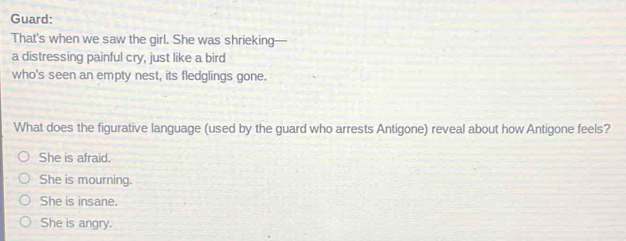 Guard:
That's when we saw the girl. She was shrieking—
a distressing painful cry, just like a bird
who's seen an empty nest, its fledglings gone.
What does the figurative language (used by the guard who arrests Antigone) reveal about how Antigone feels?
She is afraid.
She is mourning.
She is insane.
She is angry.