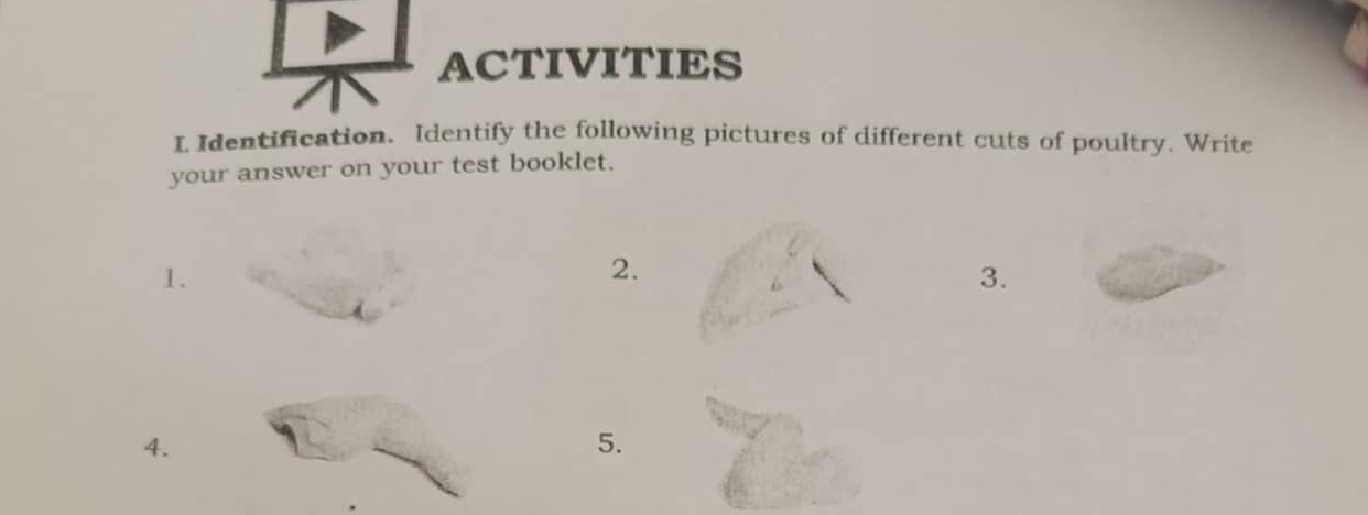 ACTIVITIES 
L Identification. Identify the following pictures of different cuts of poultry. Write 
your answer on your test booklet. 
1. 
2. 
3. 
4. 
5.