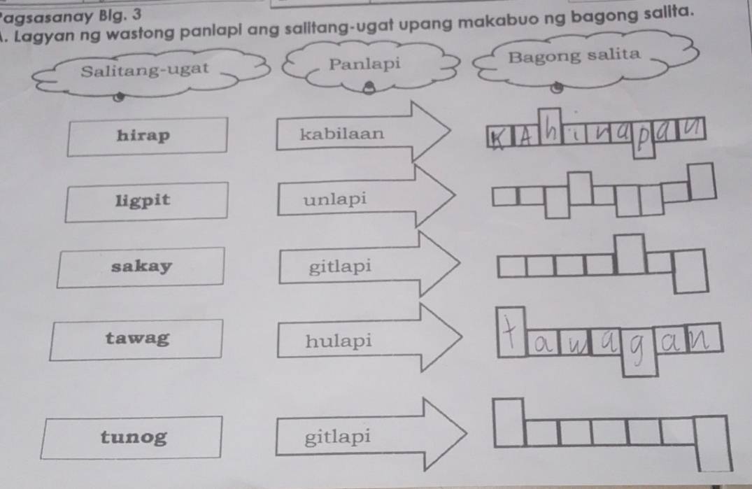 agsasanay Big. 3 
A. Lagyan ng wastong panlapi ang salitang-ugat upang makabuo ng bagong salita. 
Salitang-ugat Panlapi Bagong salita 
hirap kabilaan 
ligpit unlapi 
sakay gitlapi 
tawag hulapi 
tunog gitlapi