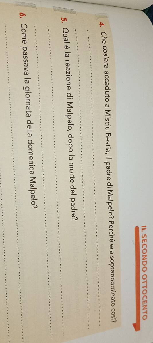 IL SECONDO OTTOCENTO 
_ 
4. Che cos’era accaduto a Misciu Bestia, il padre di Malpelo? Perché era soprannominato cosi? 
_ 
_ 
5. Qual è la reazione di Malpelo, dopo la morte del padre? 
_ 
_ 
6. Come passava la giornata della domenica Malpelo? 
_