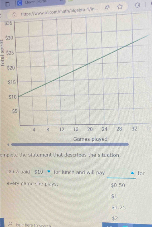 Clever | Portal
algebra-1/in... A^9 
$
$
$
omplete the statement that describes the situation.
_
Laura paid $10 for lunch and will pay for
every game she plays. $0.50
$1
$1.25
$2
Type here to search