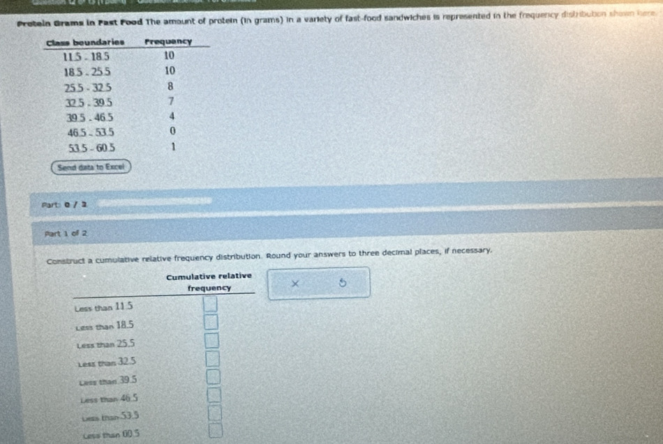 Pretein Grams in Past Food The amount of protein (in grams) in a variety of fast-food sandwiches is represented in the frequency distributon shown here. 
Send data to Excel 
Part 0 / 3 
Part 1 of 2 
Construct a cumulative relative frequency distribution. Round your answers to three decimal places, if necessary. 
× 5 
Less t