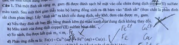 u, ui sih chộn đung hoạc 
Câu 1. Thả một đinh sắt nặng m_1 gam đã được đánh sạch bề mặt vào cốc chứa dung dịch copper(II) sulfate 
màu xanh. Sau một thời gian thẫy toàn bộ lượng đồng sinh ra đã bám vào "đinh sắt" (thực chất là phần đinh 
sắt chưa phản ứng). Lấy ''đinh sắt' ra khỏi cốc dung dịch, sấy khô, đem cân được m_2 gam. 
a) Nếu thay đinh sắt ban đầu bằng thanh kẽm thi màu xanh của dung dịch không thay đổi 
b) Màu xanh của dung địch copper (II) sulfate nhạt dàn. 
c) So sánh, thu được kết quả m_2 . 
d) Phản ứng diễn ra là: Fe(s)+Cu^(2+)(aq)to Fe^(2+)(aq)+Cu(s).