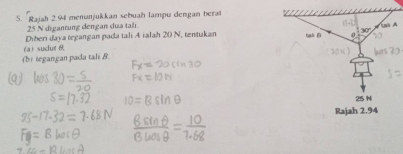 Rajah 2.94 menunjukkan sebuah lampu dengan berat
25 N digantung dengan dua tali.
Diberi daya tegangan pada tali A ialah 20 N, tentukanA
(a) sudut θ.
(b) tegangan pada tali B.