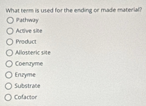 What term is used for the ending or made material?
Pathway
Active site
Product
Allosteric site
Coenzyme
Enzyme
Substrate
Cofactor