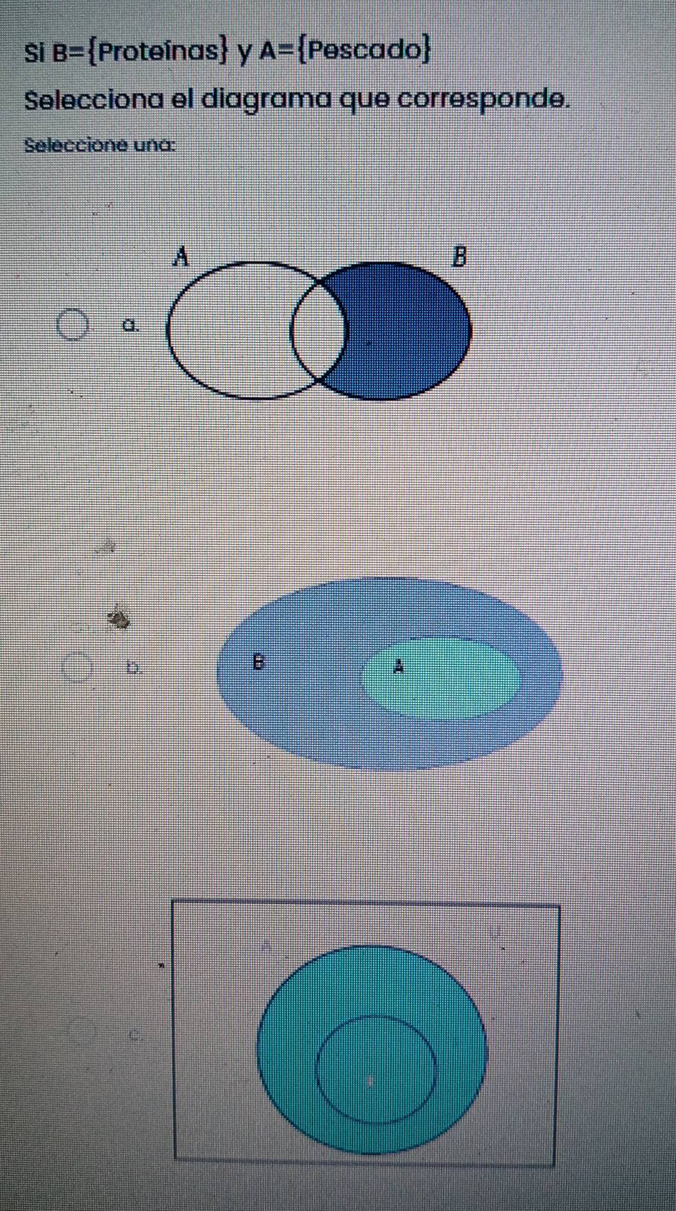 si B= Proteína 5  y A= Pescado
Selecciona el diagrama que corresponde.
Seleccione una:
a
À
b.