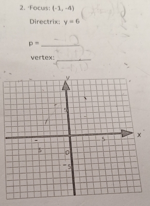 Focus: (-1,-4)
Directrix: y=6
p= _ 
vertex:_ 
5 
.
5
×
5
-5