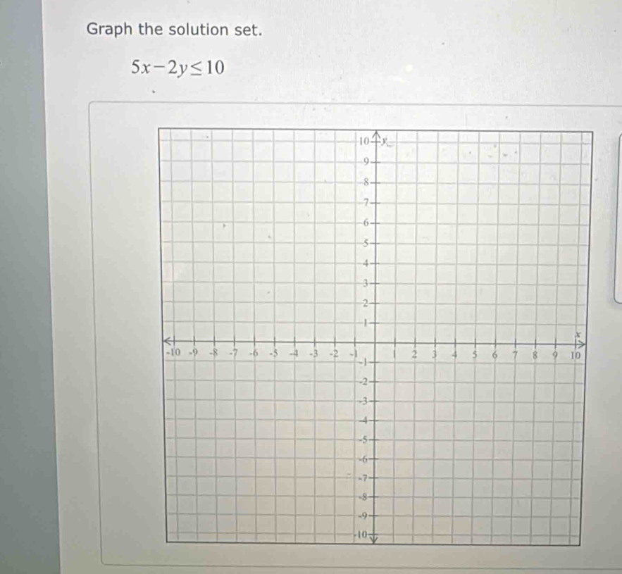 Graph the solution set.
5x-2y≤ 10