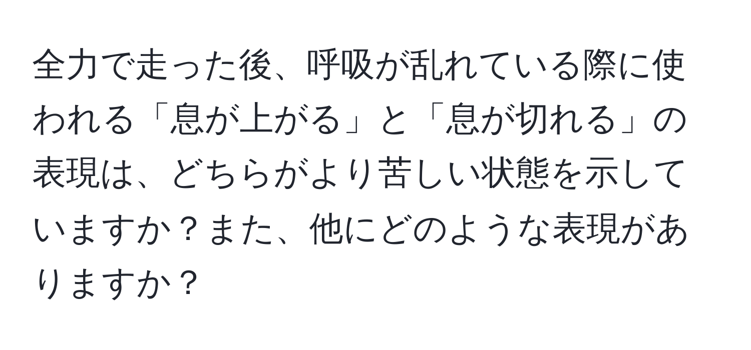 全力で走った後、呼吸が乱れている際に使われる「息が上がる」と「息が切れる」の表現は、どちらがより苦しい状態を示していますか？また、他にどのような表現がありますか？