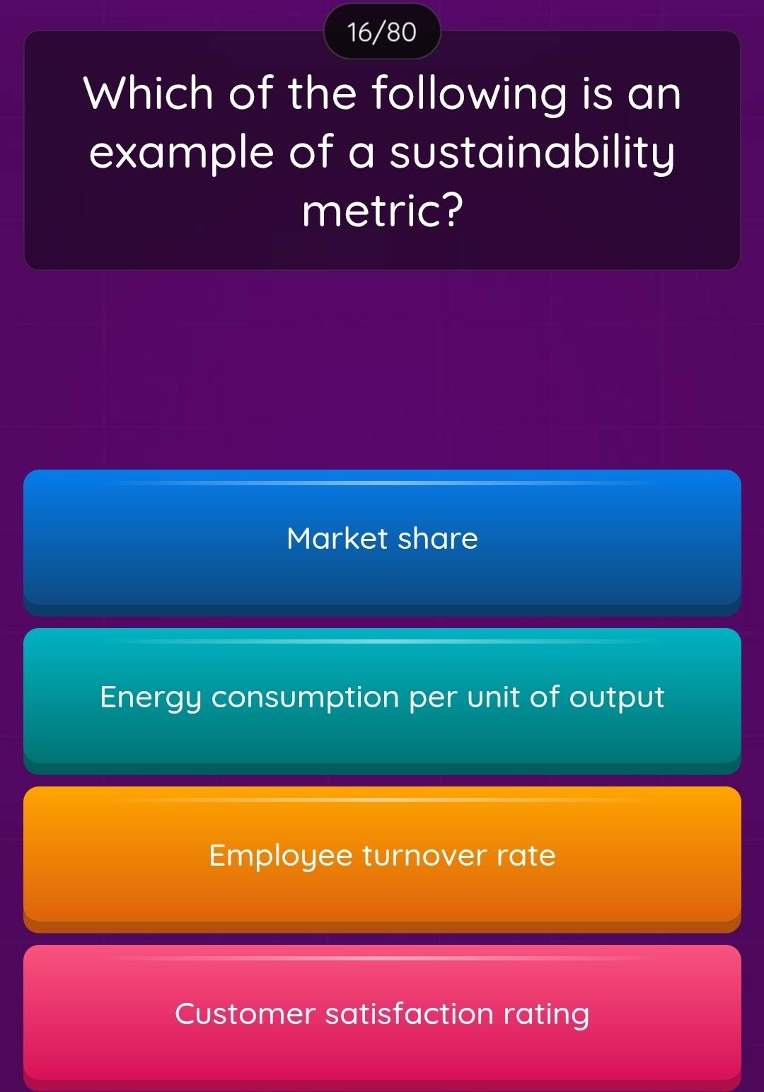 16/80
Which of the following is an
example of a sustainability
metric?
Market share
Energy consumption per unit of output
Employee turnover rate
Customer satisfaction rating