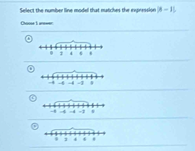 Select the number line model that matches the expression |8-1|, 
Choose 1 answer: 
a